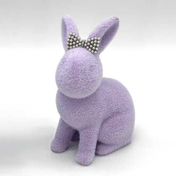 Set of 2 Bella Lux Flocked Bunnies Purple Easter Bunny Set w/ Bow NEW - Picture 2 of 3